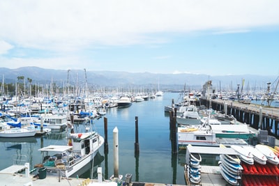 During the day there are white and blue boat on the wharf
